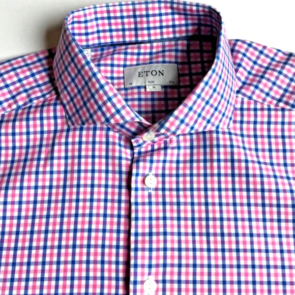 ETON Slim, pinkish red & blue checkered dressy cotton shirt Sz 17.5 /44 - Picture 6 of 10